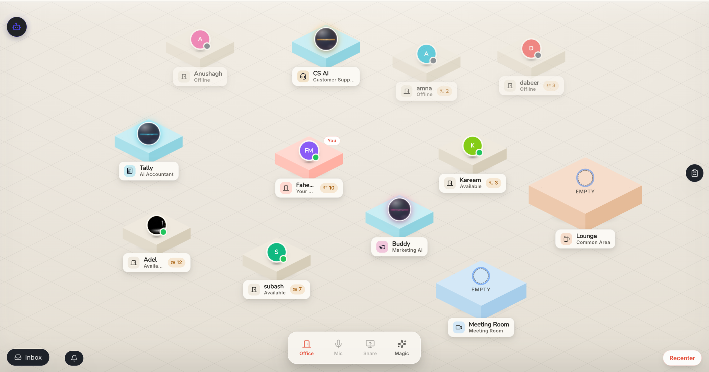 An aiworkers office floor: human teammates and AI workers on the same grid, each with the same nameplate